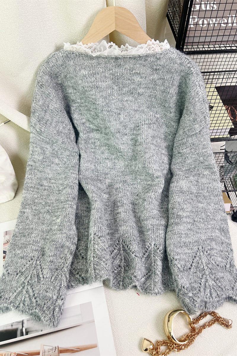 Bow Accent Lace Trim Sweater
