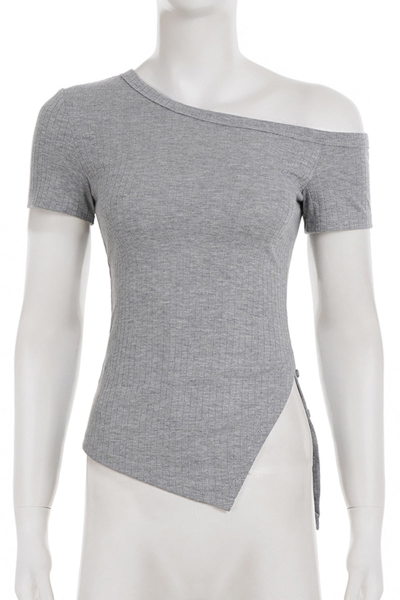 Asymmetric Shoulder Tee with Button Detail