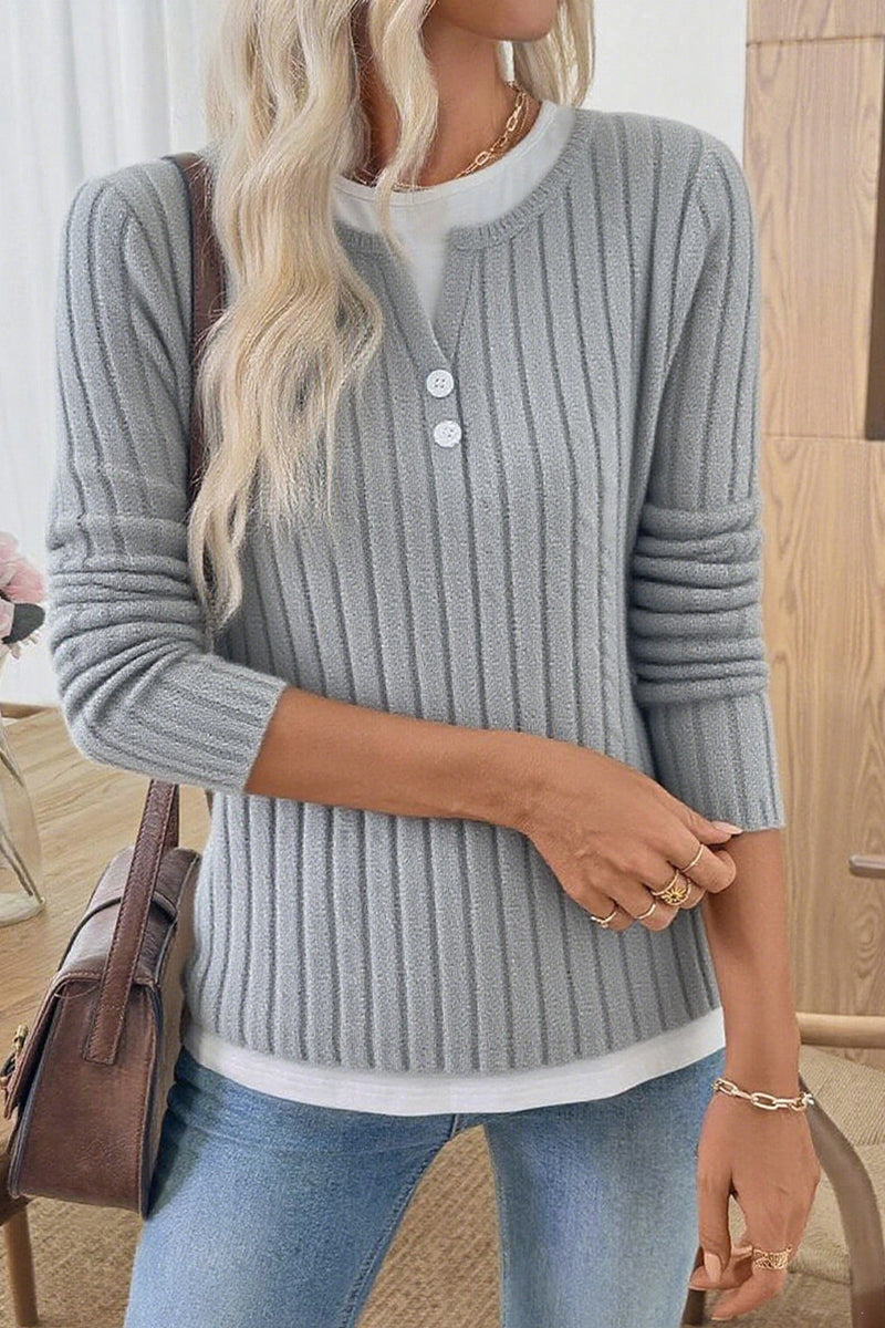 Button Accent Ribbed Long Sleeve Top