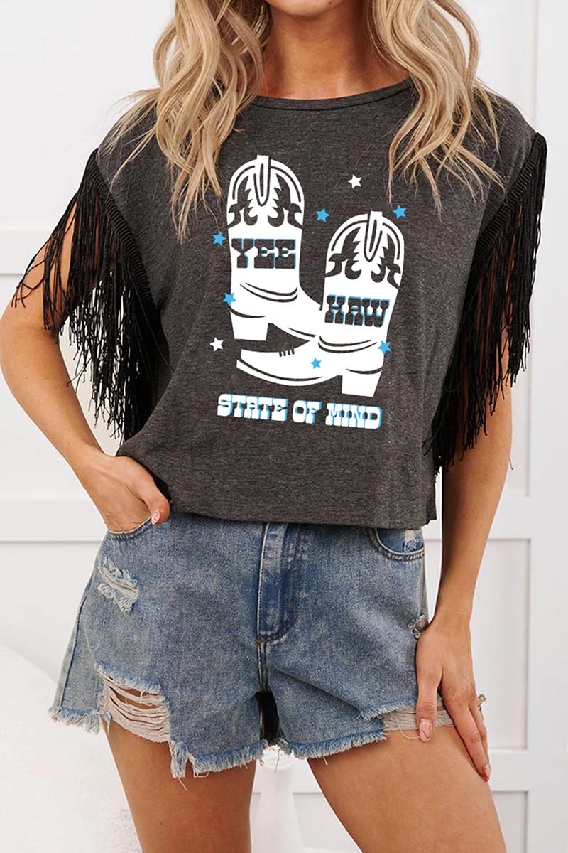 Boot Print Fringe Sleeve T-shirt
