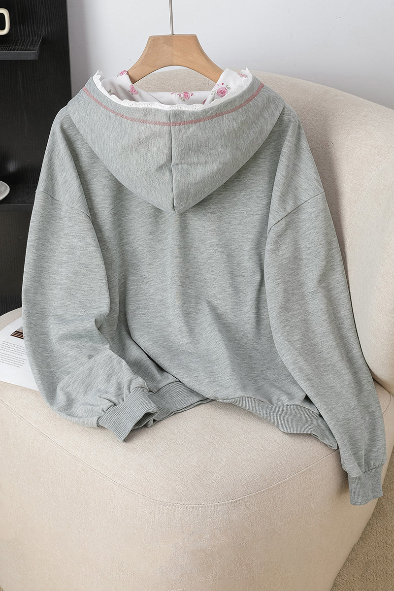Bow Accent Hoodie with Lace Detailing