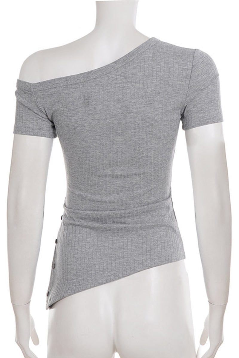 Asymmetric Shoulder Tee with Button Detail