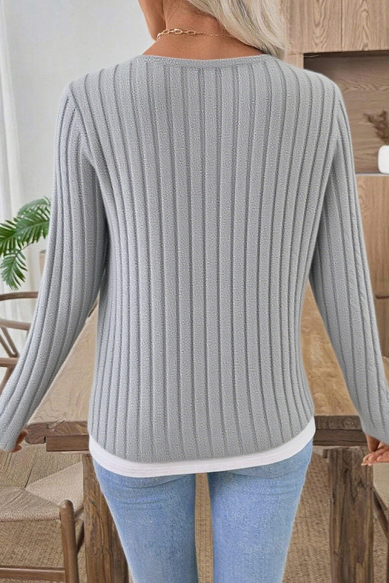 Button Accent Ribbed Long Sleeve Top