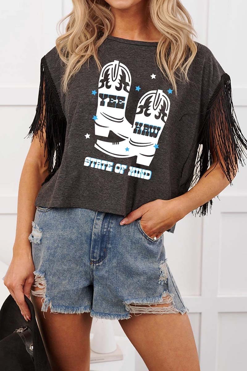 Boot Print Fringe Sleeve T-shirt