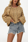 Button-Detail Cable Open-Knit Sweater