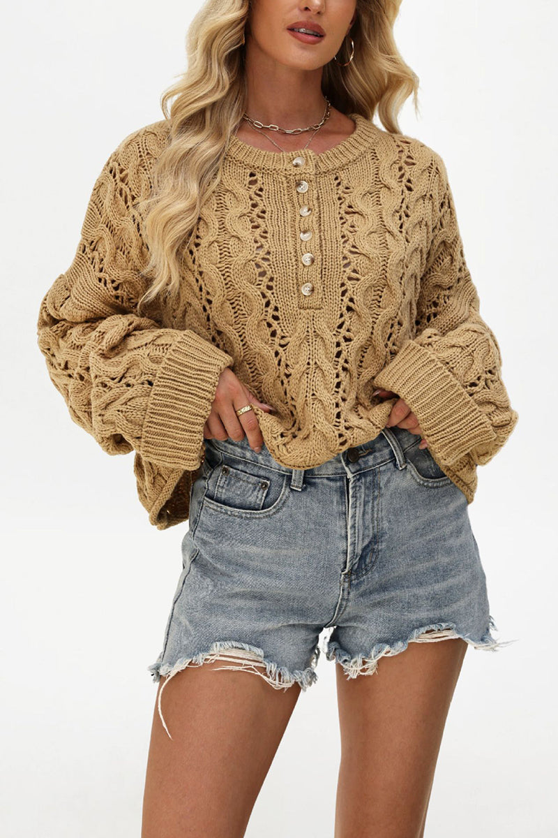 Button-Detail Cable Open-Knit Sweater