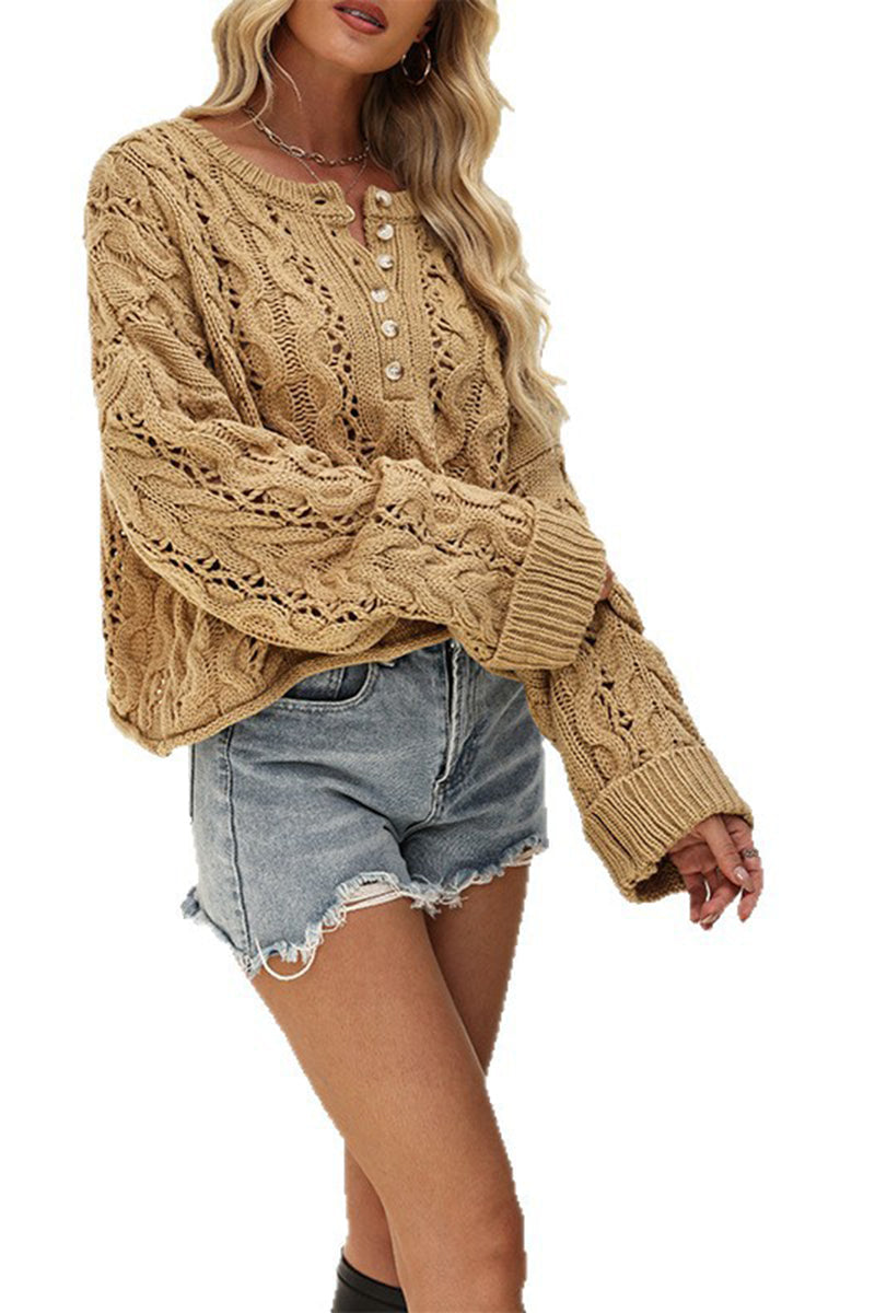 Button-Detail Cable Open-Knit Sweater