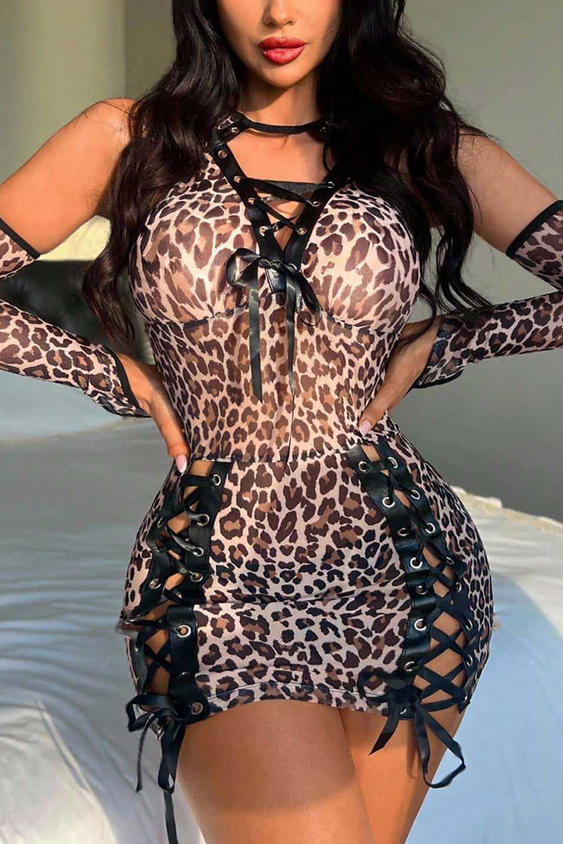 Animal Print Lace-Up Lingerie Dress