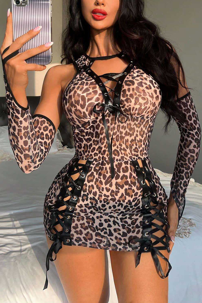 Animal Print Lace-Up Lingerie Dress