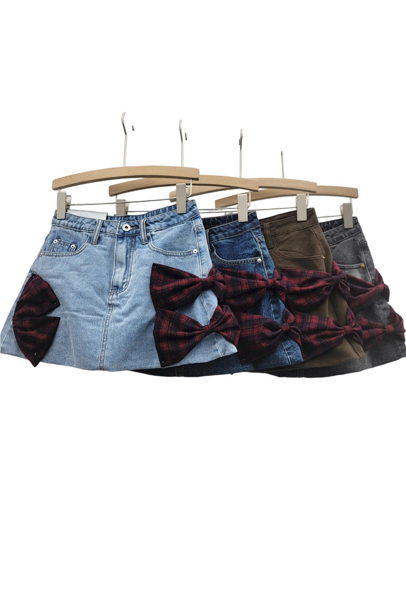 Bow-Accent Denim Skirt