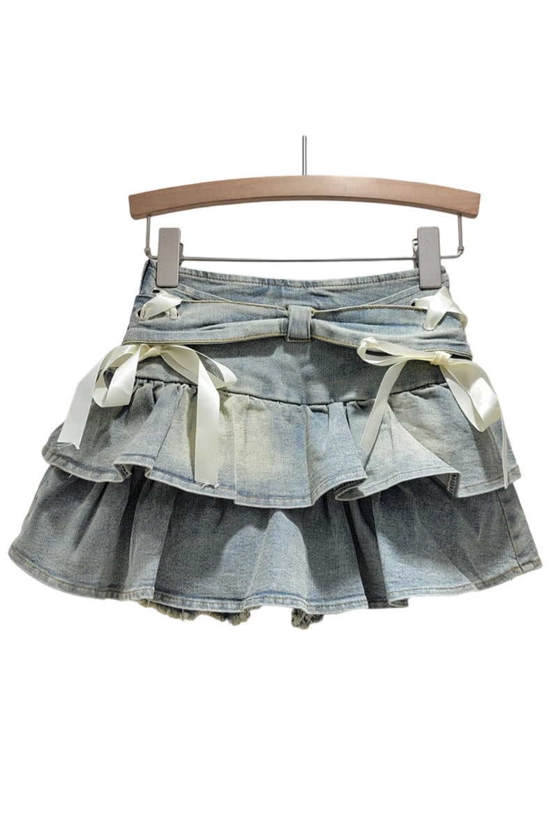 Bow-Adorned Frill Denim Skirt
