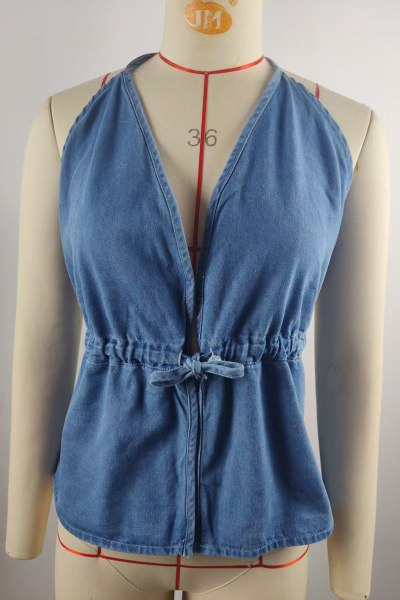 Backless Halter Denim Tank Top