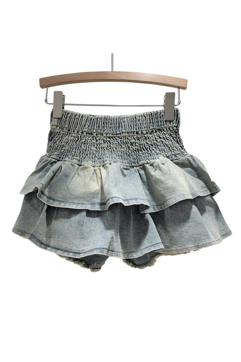 Bow-Adorned Frill Denim Skirt