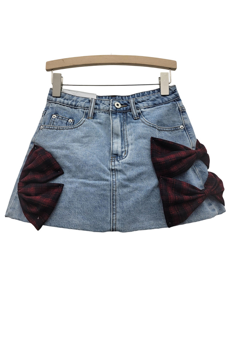Bow-Accent Denim Skirt