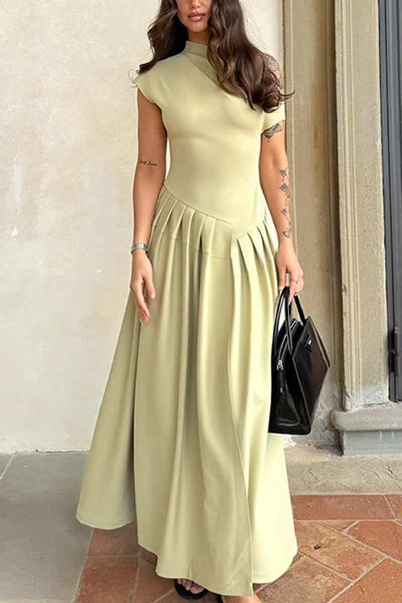 Asymmetrical Neck Pleated Midi Dress