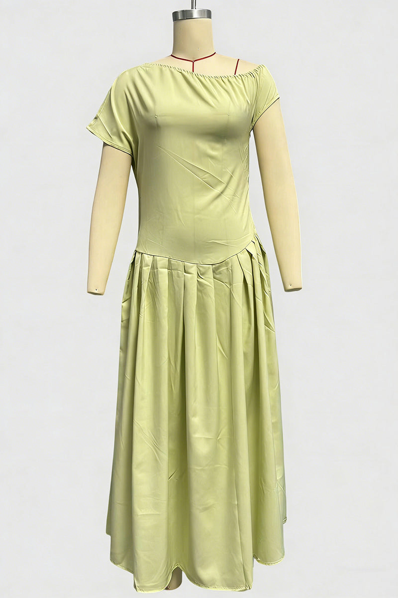 Asymmetrical Neck Pleated Midi Dress