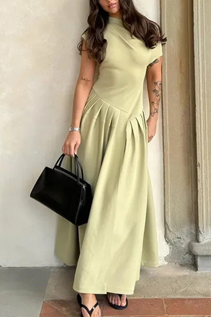 Asymmetrical Neck Pleated Midi Dress