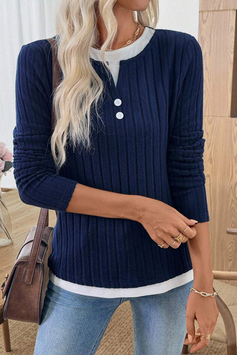 Button Accent Ribbed Long Sleeve Top