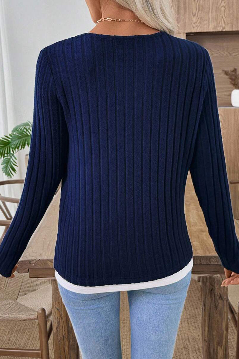 Button Accent Ribbed Long Sleeve Top