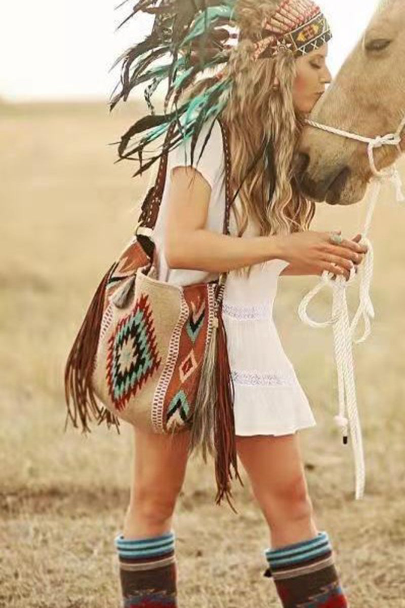 Boho Fringe Patterned Shoulder Bag