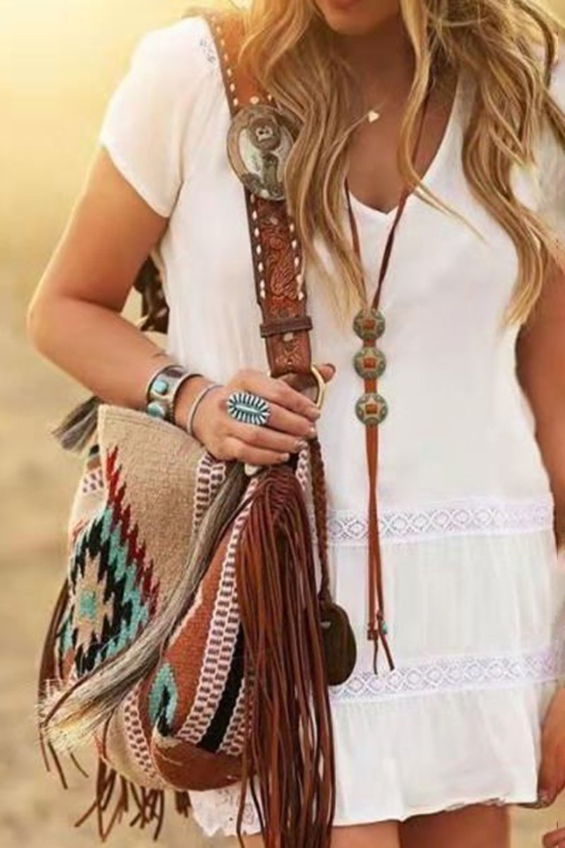 Boho Fringe Patterned Shoulder Bag