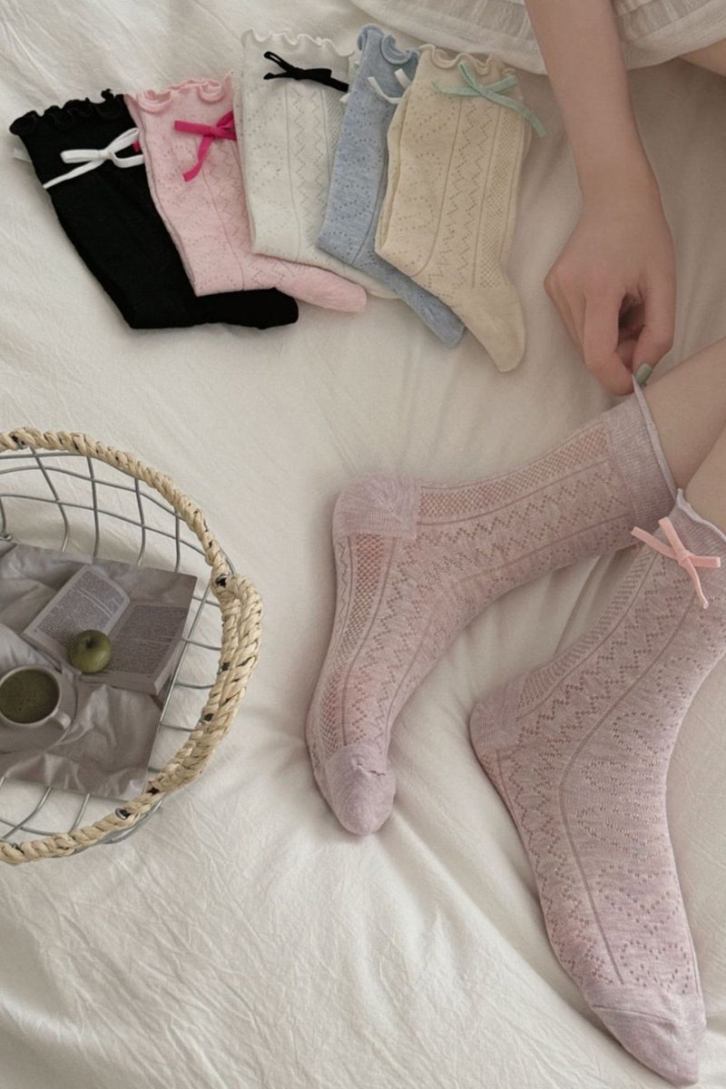 Bow Accent Ruffled Knee-High Socks