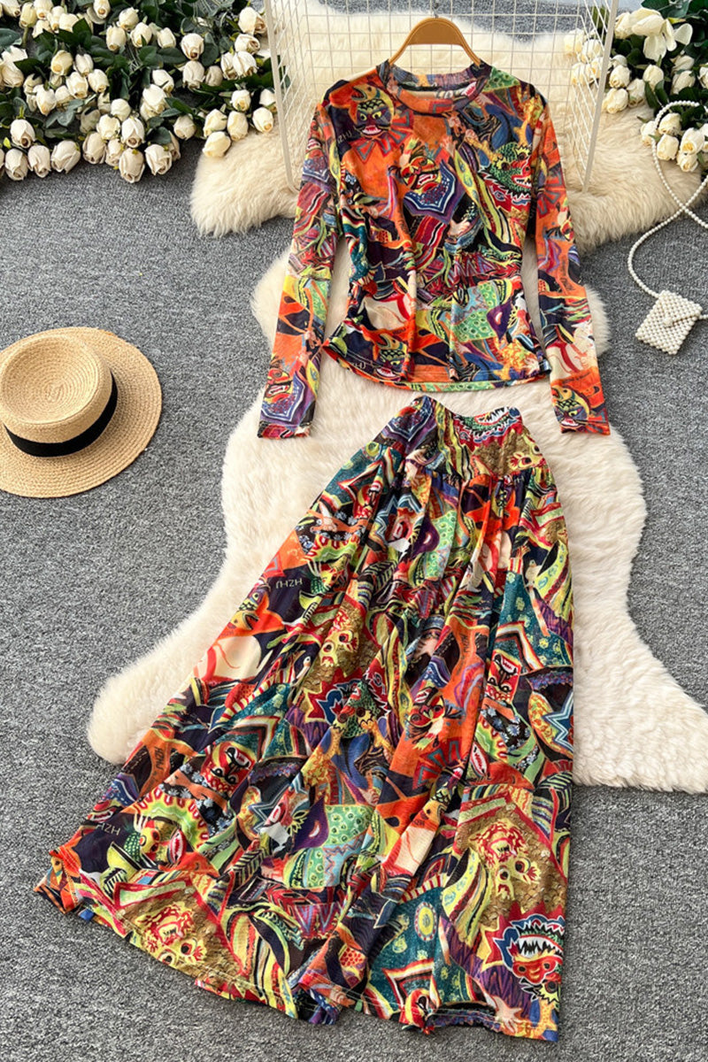 Abstract Print Long Sleeve Skirt Set