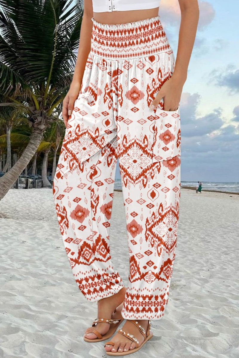 Boho Print Elastic Waist Casual Pants