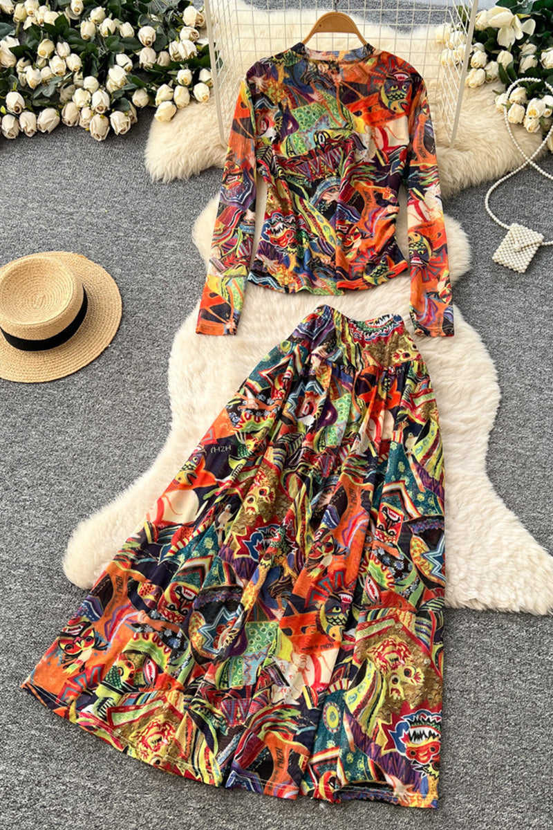 Abstract Print Long Sleeve Skirt Set