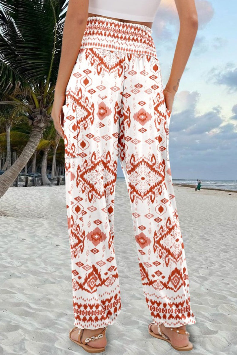 Boho Print Elastic Waist Casual Pants