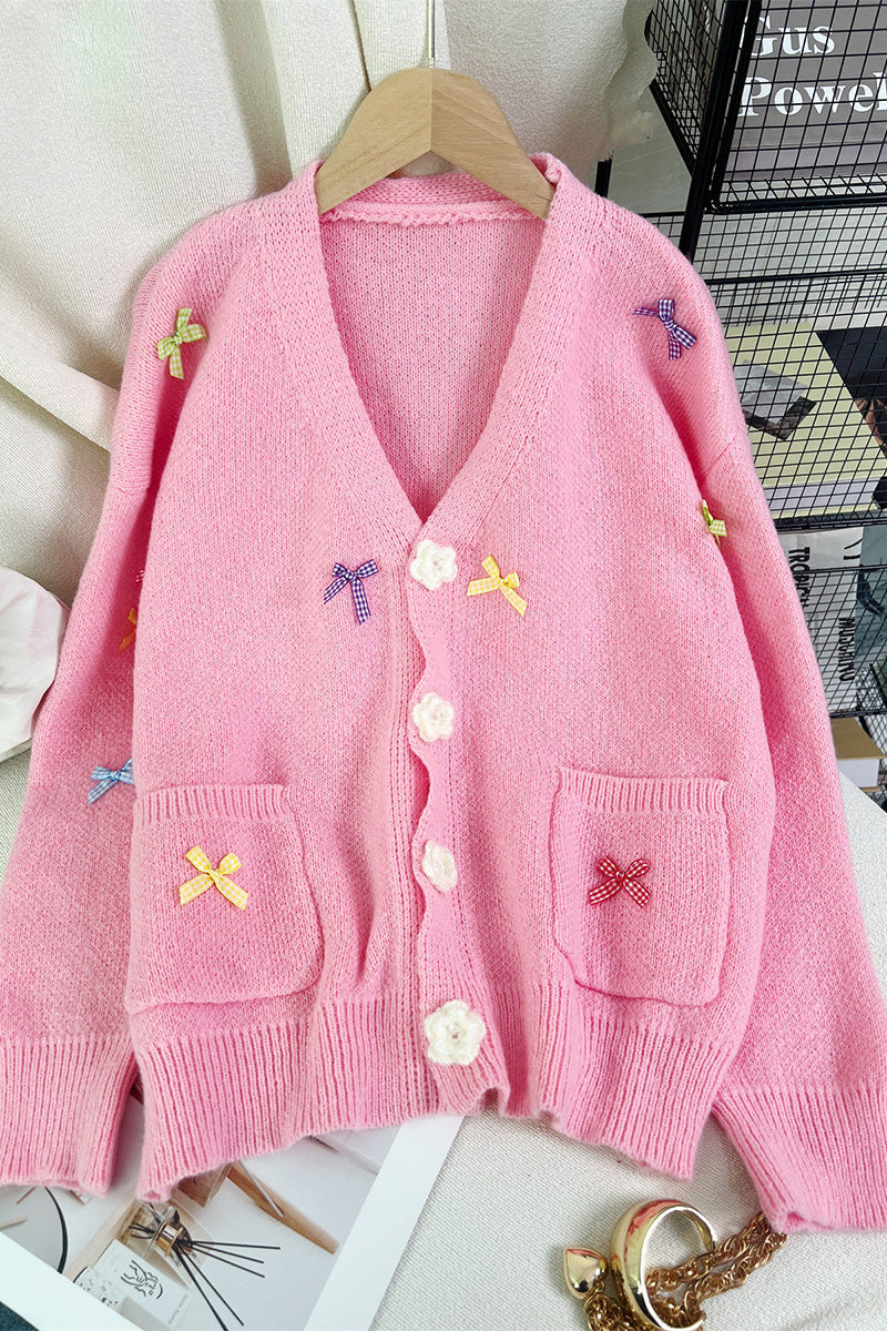 Bow Embellished V-Neck Cardigan