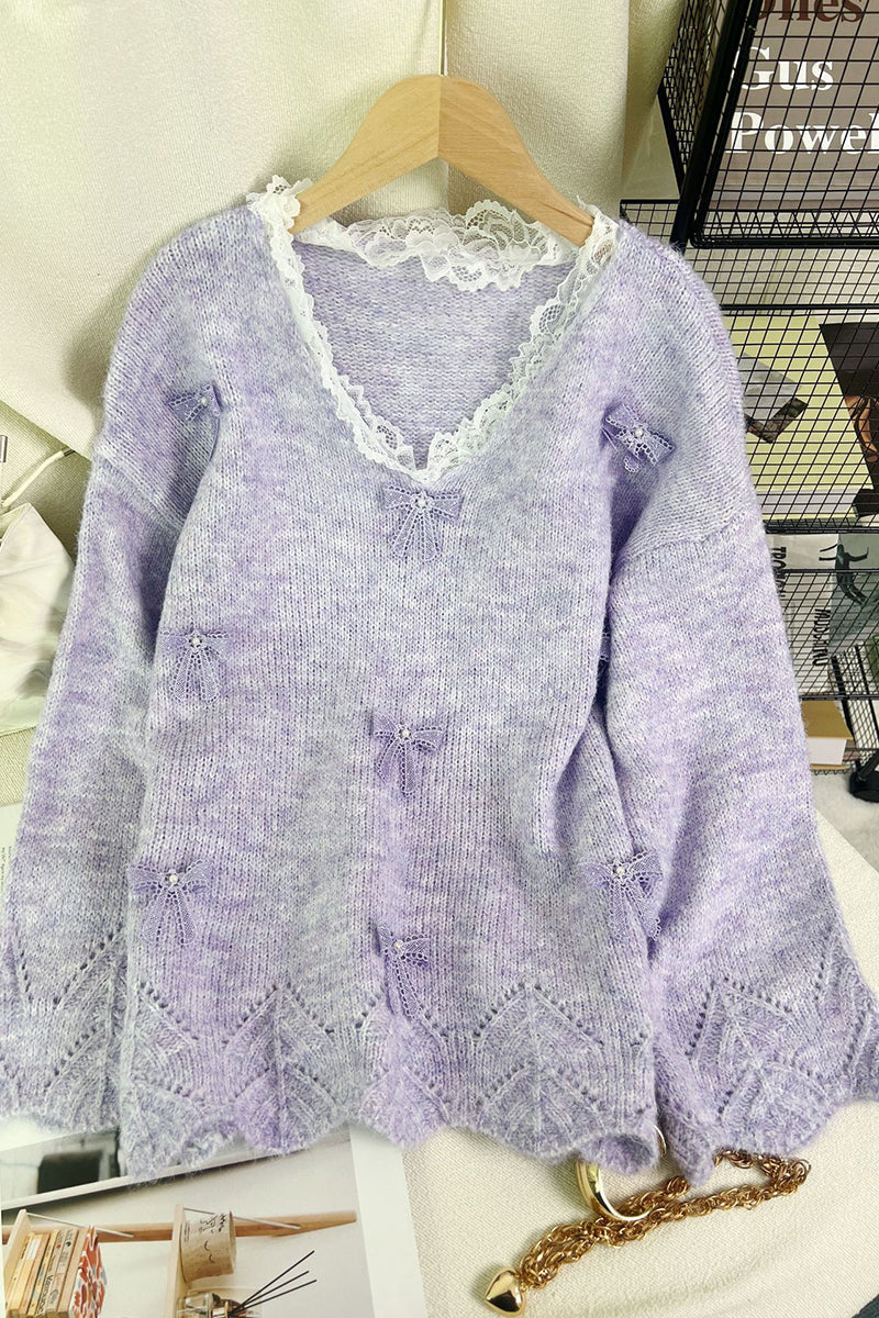 Bow Accent Lace Trim Sweater