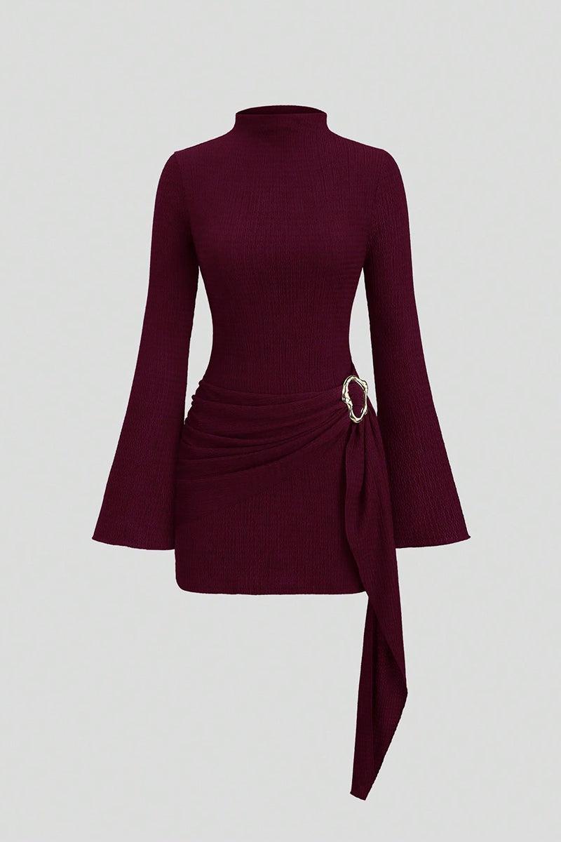 Belted High Neck Bell Sleeve Dress