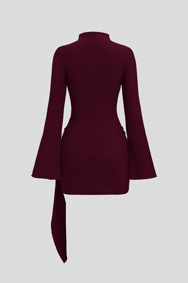 Belted High Neck Bell Sleeve Dress