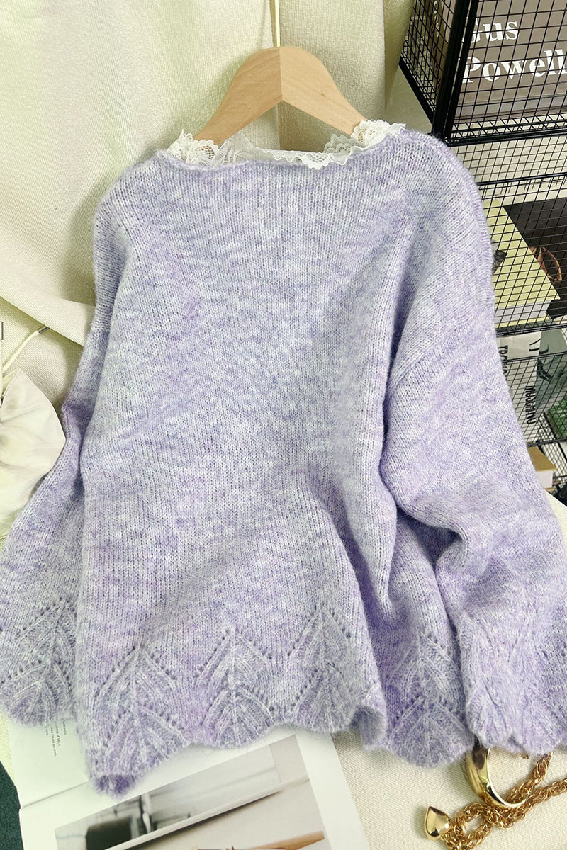 Bow Accent Lace Trim Sweater