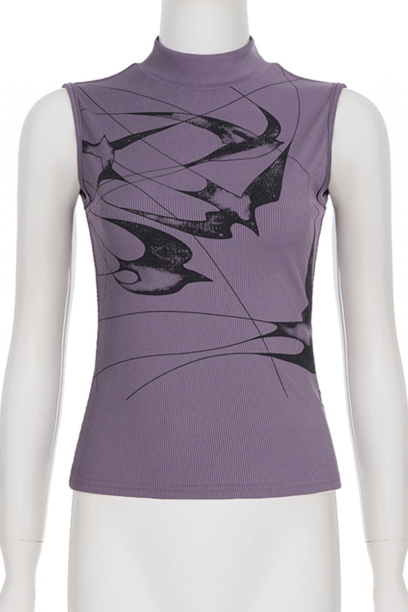 Abstract Pattern Sleeveless Mock Neck Top