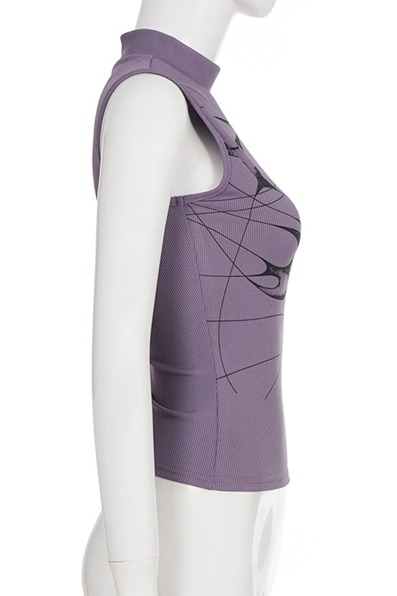 Abstract Pattern Sleeveless Mock Neck Top