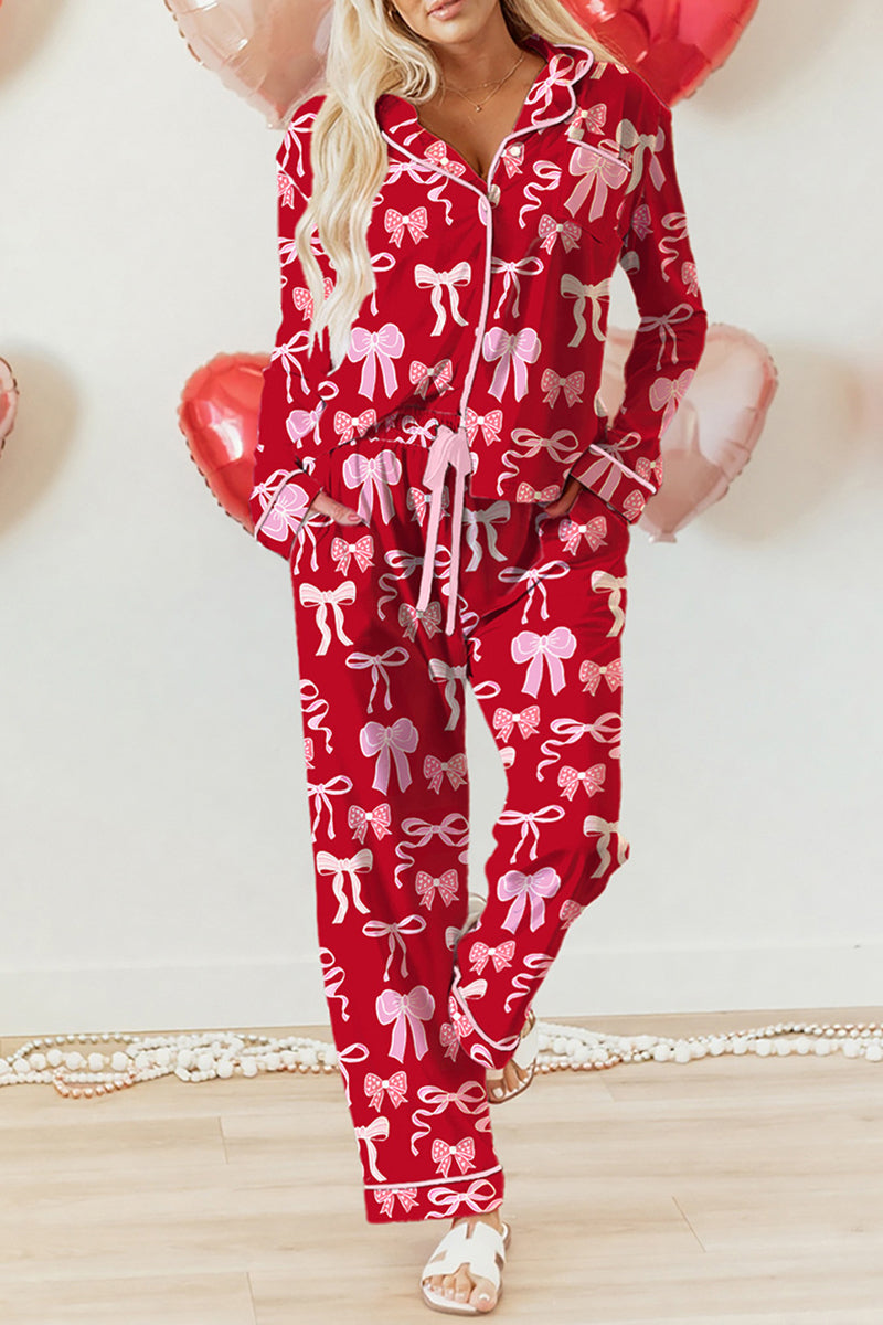 Bow Print Long Sleeve Loungewear Set