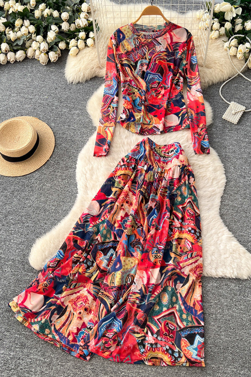 Abstract Print Long Sleeve Skirt Set