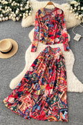 Abstract Print Long Sleeve Skirt Set