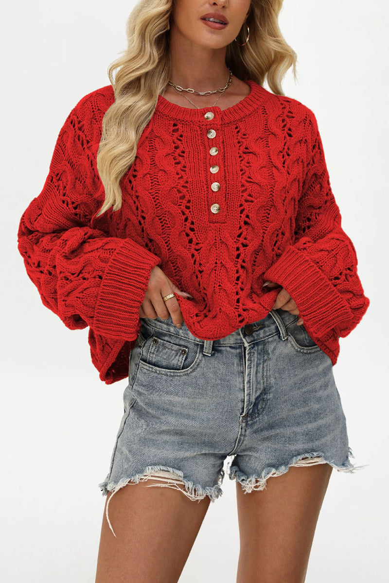 Button-Detail Cable Open-Knit Sweater