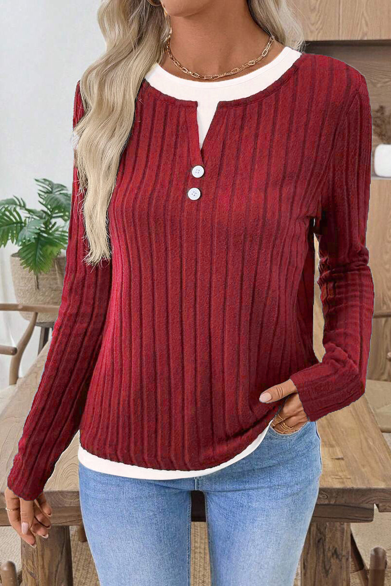 Button Accent Ribbed Long Sleeve Top