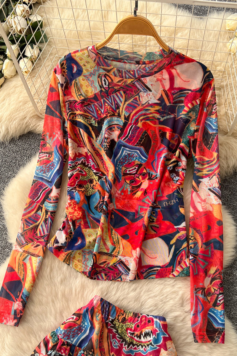 Abstract Print Long Sleeve Skirt Set