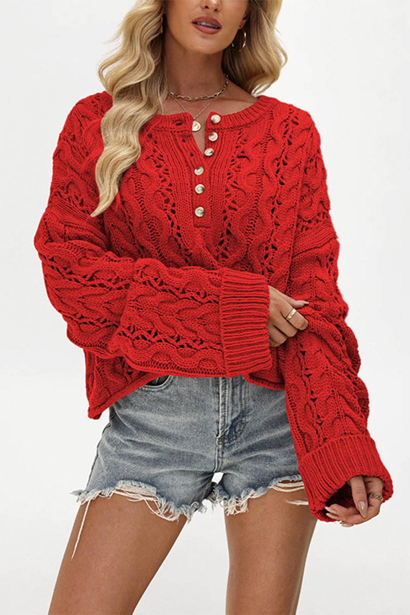Button-Detail Cable Open-Knit Sweater