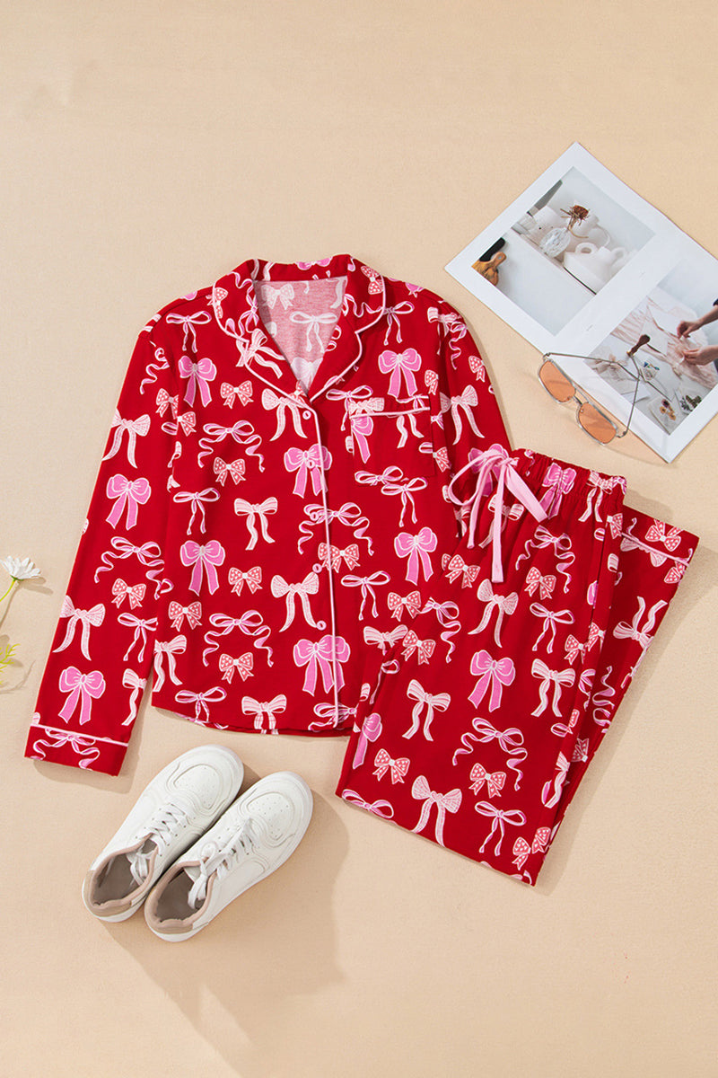 Bow Print Long Sleeve Loungewear Set