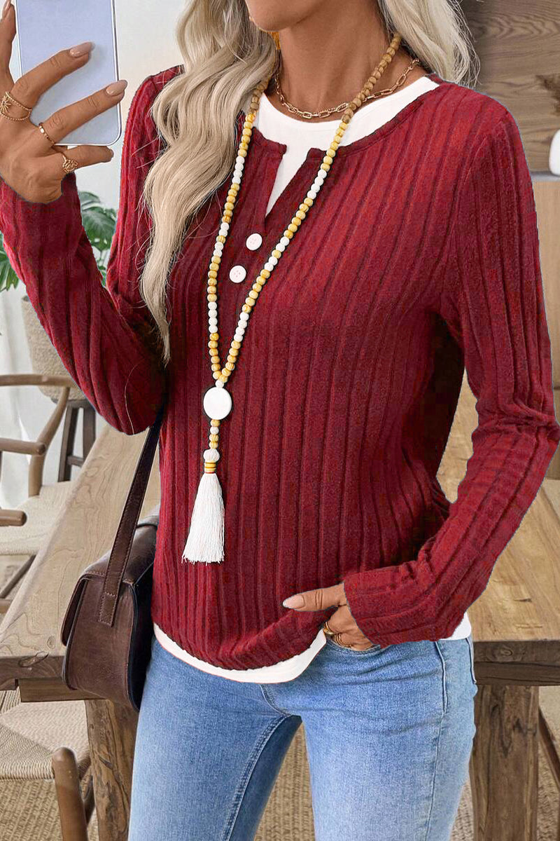Button Accent Ribbed Long Sleeve Top