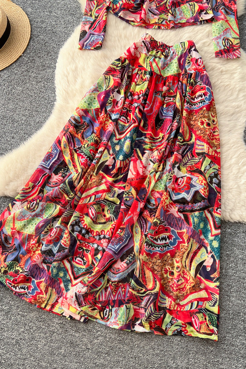 Abstract Print Long Sleeve Skirt Set
