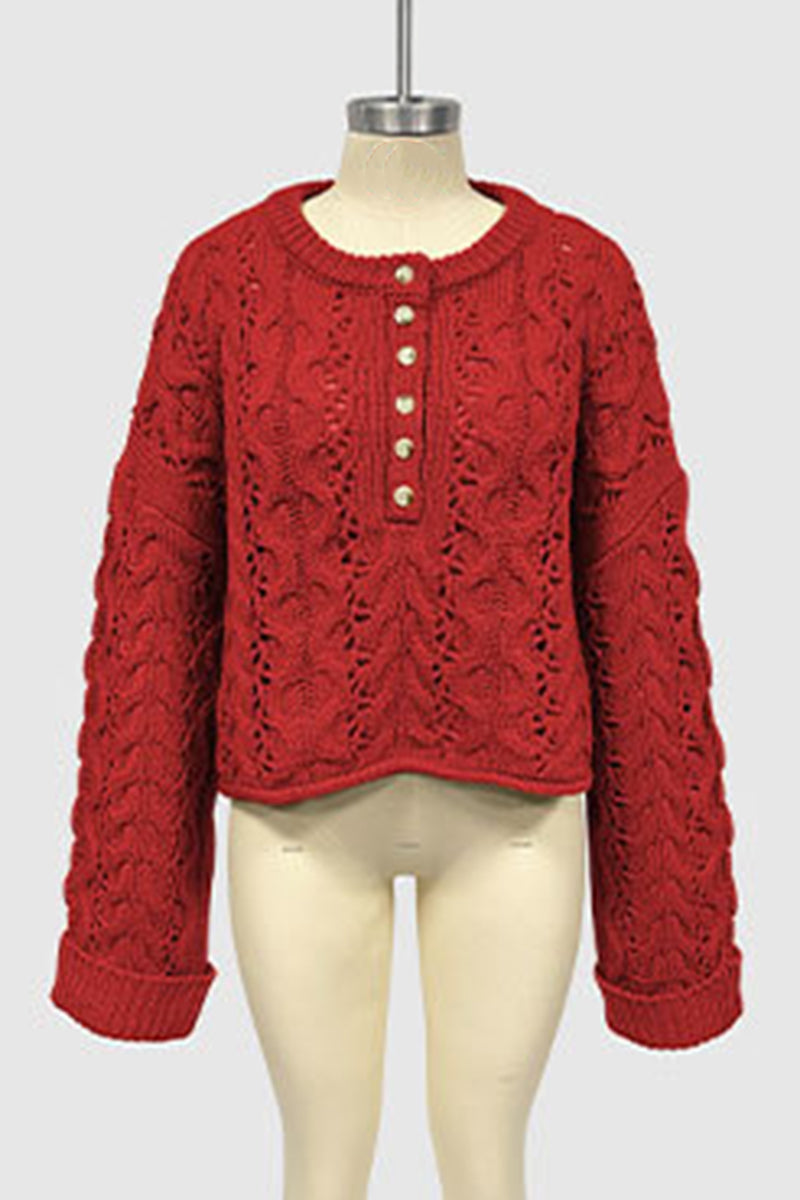 Button-Detail Cable Open-Knit Sweater