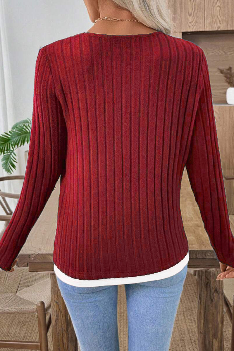 Button Accent Ribbed Long Sleeve Top