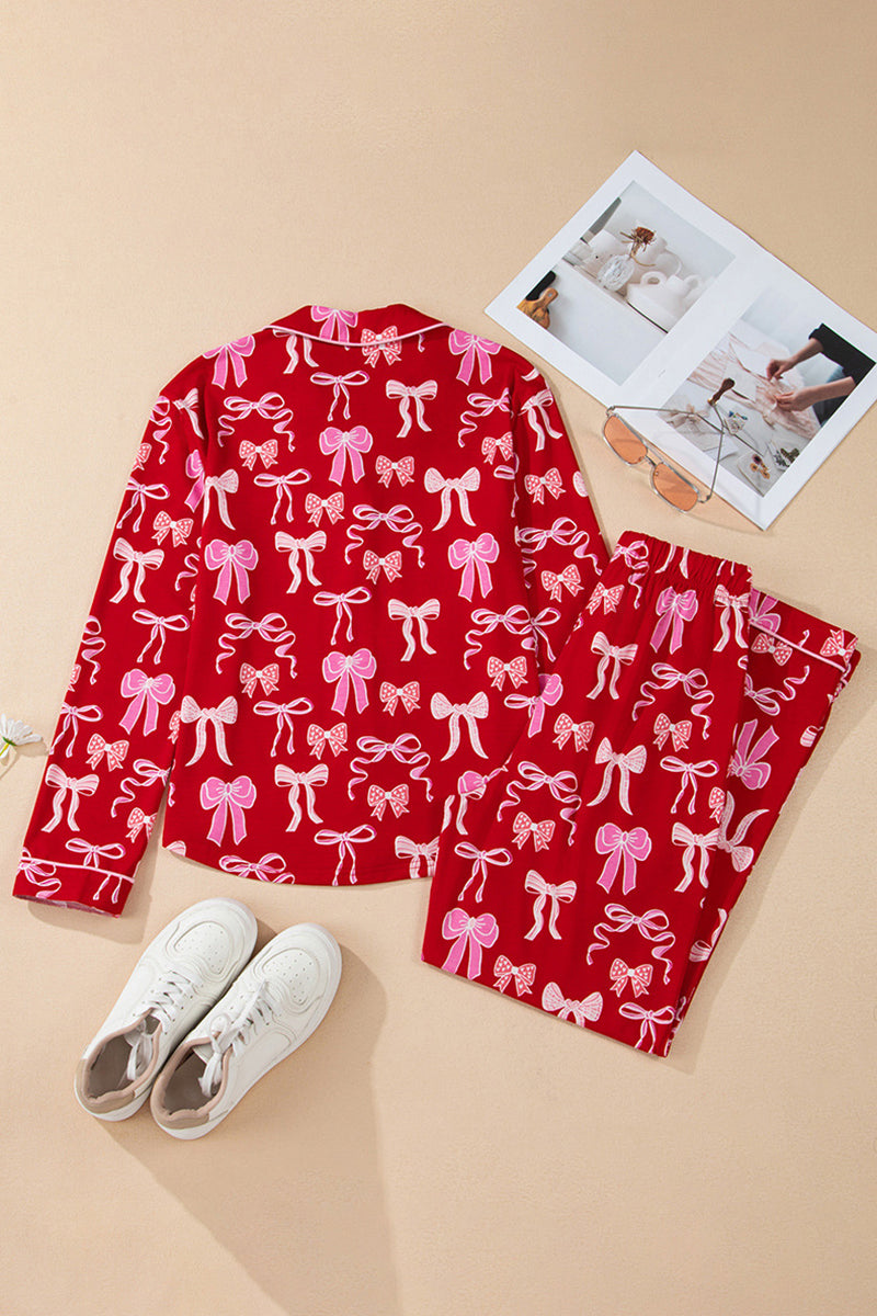 Bow Print Long Sleeve Loungewear Set